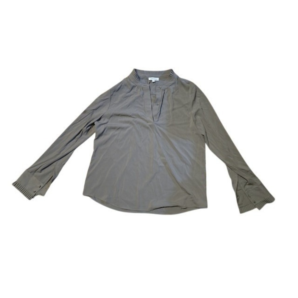 Calvin Klein Womens Pleated Mock Neck Blouse Olive Green Long Sleeve Top Size M